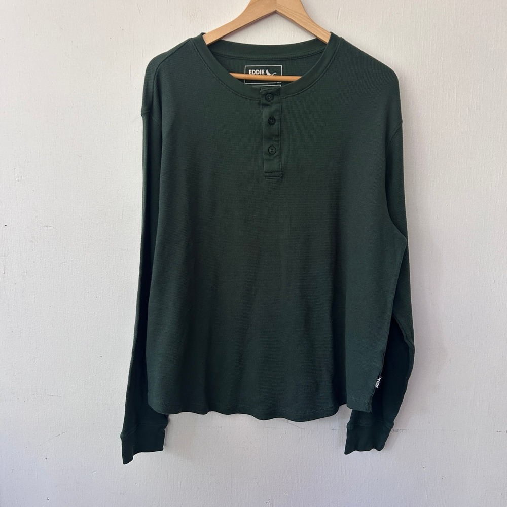 Eddie Bauer Henley Shirt Mens XL Green Waffle Knit Thermal Long Sleeve Gorpcore